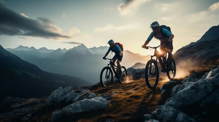 two people riding bikes on a mountain