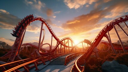 a roller coaster with a sunset