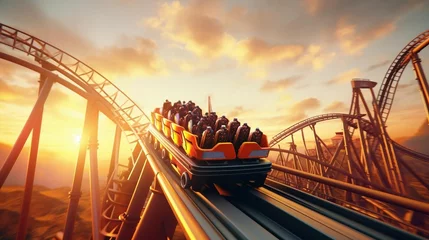 Foto op Aluminium a roller coaster with a crowd of people on it © KWY