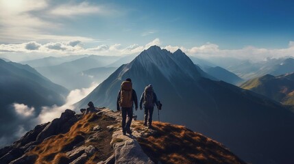 a couple of people hiking on a mountain