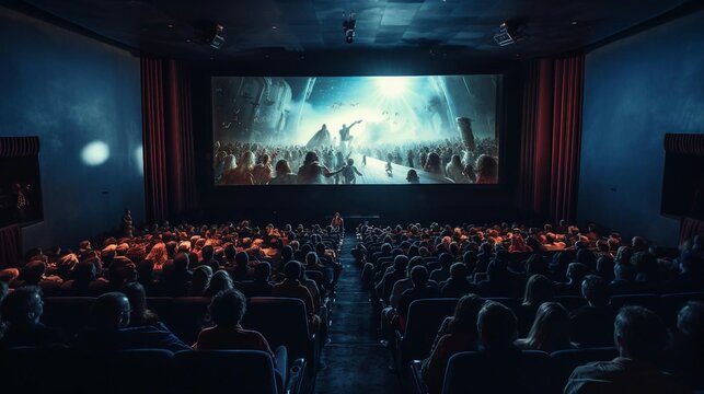 a group of people sitting in a room with a stage and a large screen