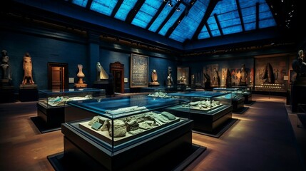 a museum with a large display of statues and a large glass wall - obrazy, fototapety, plakaty