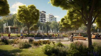 Fototapeta premium a park with people and benches