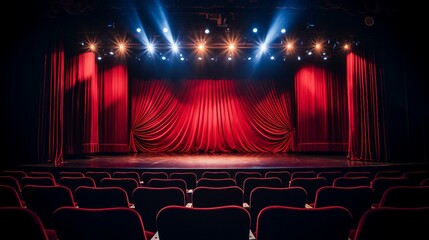 a stage with red curtains