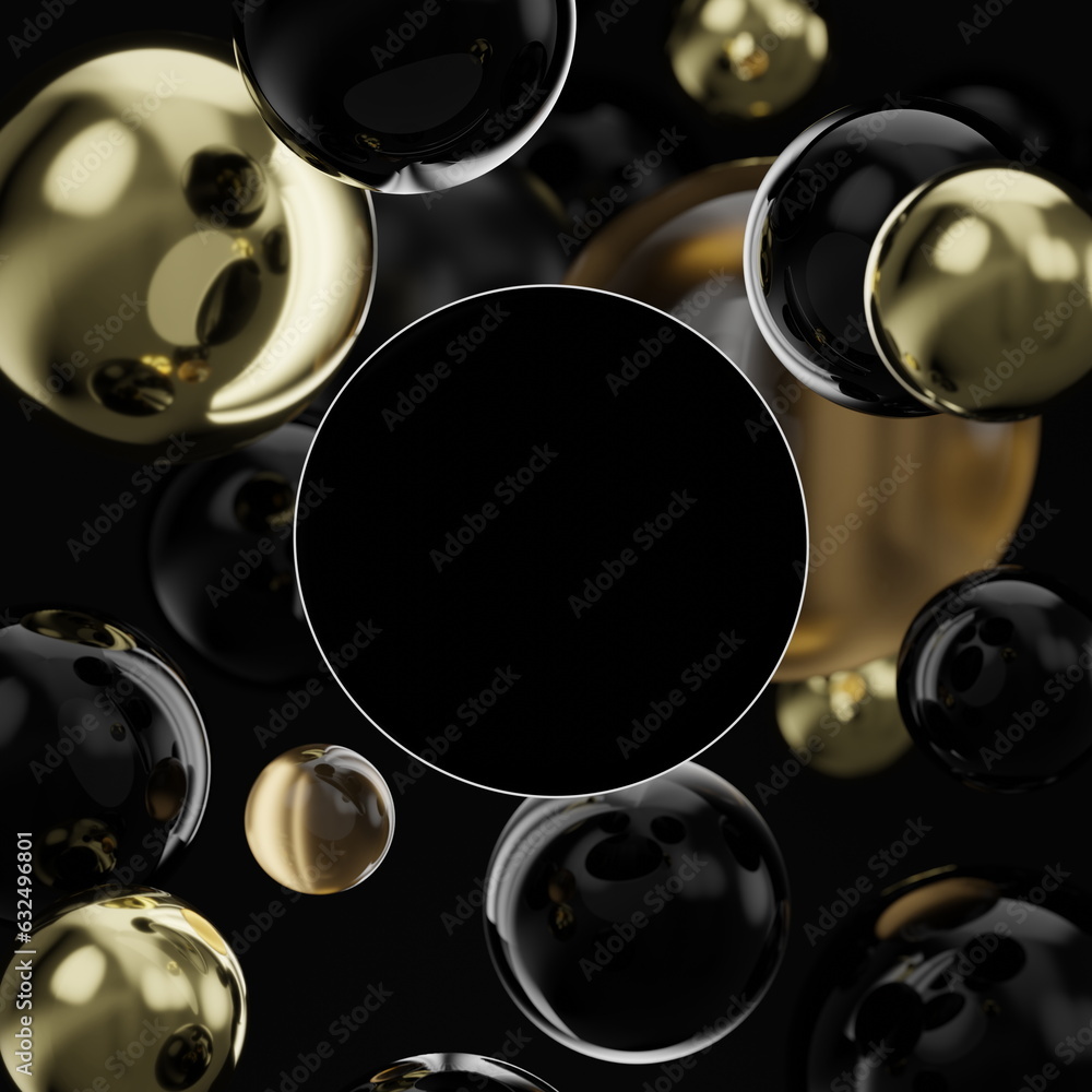 Poster black round background for text on background of black golden balls. 3d render