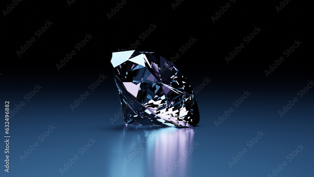 Wall mural diamonds on a dark blue background, precious jewelry stones. glowing facets of a diamond. 3d render