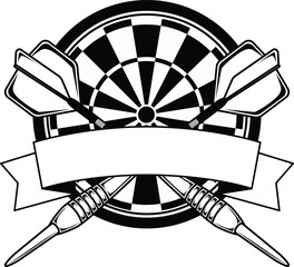 Darts sport emblem, logo with crossed arrows and banner. Monogram Vector illustration. Black and white team or sport club emblem design