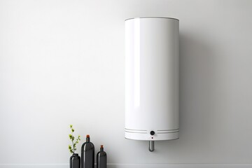 Wall in the bathroom with a mounted electric water heater. Electric boiler - heating and hot water supply. - 632497231
