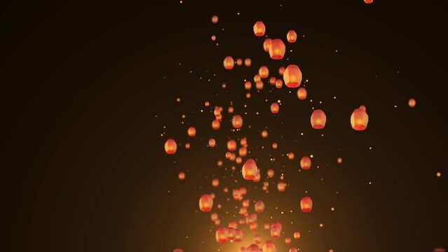 Floating Flying Sky burning flame lanterns Animation Background. Diwali festival, Autumn Chinese festive. Luminous floating lamps night sky. birthday, anniversary, celebration, Holiday, new year,
