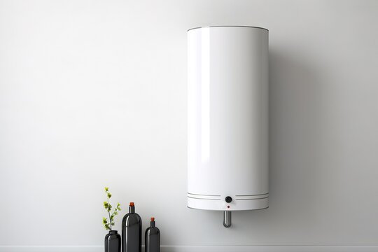Wall in the bathroom with a mounted electric water heater. Electric boiler - heating and hot water supply.