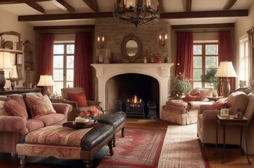 Luxurious open floor cabin interior design with roaring fireplace and winter scenic background