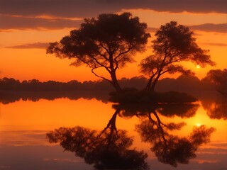 Fototapeta na wymiar A serene sunset over the tranquil lake, casting warm hues across the water and reflecting the majestic silhouettes of surrounding trees.