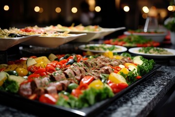 Catering buffet with a variety of delicious food indoors at a restaurant, Generative Ai