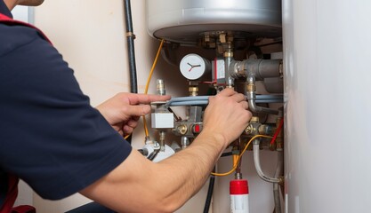 Hydraulic mechanic installer repairs an electric water heater in a house - 632498207