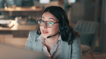 Call center, conversation and night with business man in office for customer service, communication or consulting. Help desk, contact us or telemarketing with employee for technical support and sales