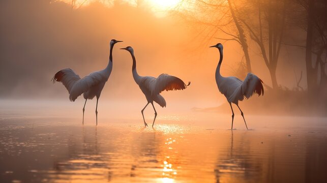 Graceful Cranes Dancing In The Misty Morning Light. Silhouette, striding Common crane (grus grus), mating at sunrise, dance of the cranes.