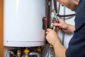 Hydraulic mechanic installer repairs an electric water heater in a house - 632498826