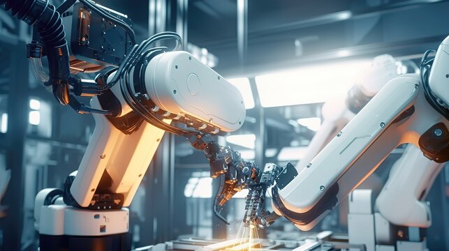 Innovative robotic arm assembly. Robotic arm for electronic assembly line. Smart modern factory automation using advanced machines.