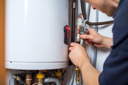 Hydraulic mechanic installer repairs an electric water heater in a house