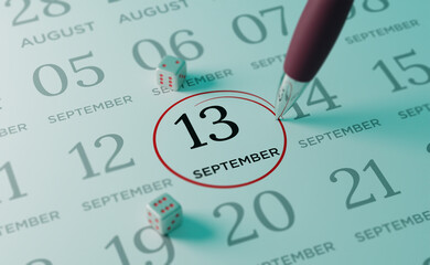 September 13rd Calendar date. close up a red circle is drawn on September 13rd to remember...