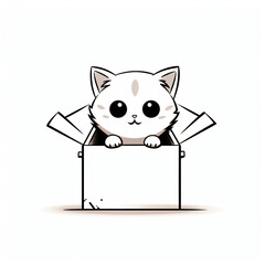 A delightful printable black-and-white coloring page of a cat looking out of box for kids. 