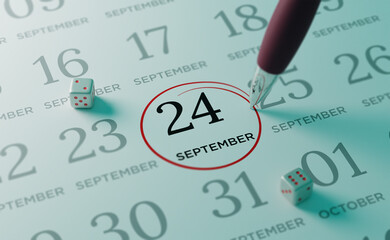 September 24th Calendar date. close up a red circle is drawn on September 24th to remember important events