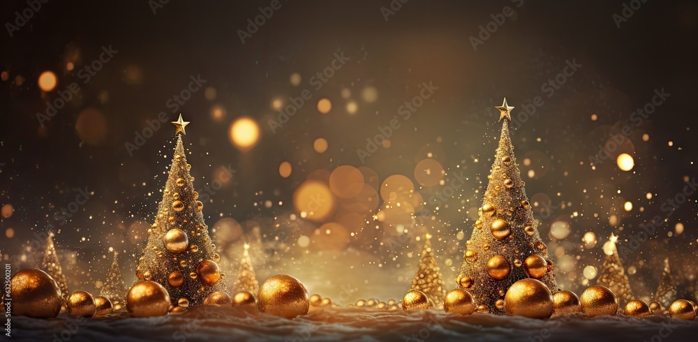 Poster golden christmas tree with decorations and lights bokeh in a black background created with generativ