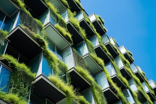 Fototapeta Sustainable green building in modern city. Green architecture. Eco-friendly building. Sustainable residential building with vertical garden reduce CO2. Apartment with green environment.