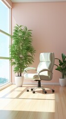 A white office chair sitting in front of a window. AI.