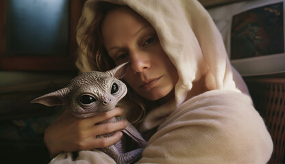 Obraz premium Extraterrestrial reptilian alien mother with big blue eyes and her newborn baby portrait, careful and cautious expression, fear of the unknown, endearing precious moment of loving care - generative ai