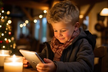 A young boy sitting at a table using a tablet computer. AI.