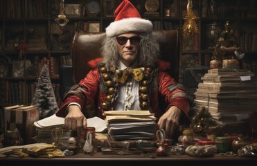 A man in a santa hat sitting at a desk. AI.