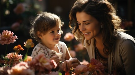 Obraz premium Mother's Day. Loving mother and her child, capturing a tender moment of connection and affection. Generative AI