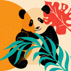 Panda on a background of tropical leaves. Avatar, badge, poster, logo templates, print. Illustration with Riso print effect. Flat style