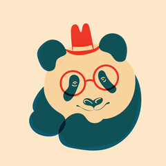 Panda in hat. Avatar, badge, poster, logo templates, print. Vector illustration in a minimalist style with Riso print effect. Flat cartoon style 
