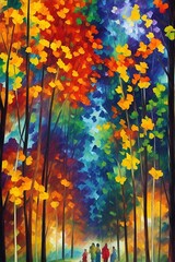 Painting of a row of colorful trees. AI generated illustration