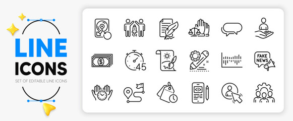 Creative painting, Project edit and Messenger line icons set for app include Court jury, Payment, Column diagram outline thin icon. Phone code, Recovery hdd, Team work pictogram icon. Vector - obrazy, fototapety, plakaty