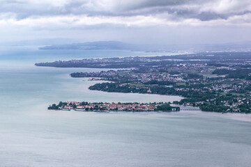 Fototapeta na wymiar View at lake constance (Bodensee) and Lindau from Bregenz, austria at a rainy day