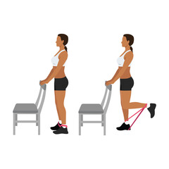 Woman doing standing supported resistance band hamstring curls exercise. Flat vector illustration isolated on white background