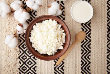 Natural sour milk cheese, rustic cottage cheese aesthetic. Milky product. Diet, ukrainian food.