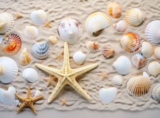 Fototapeta na wymiar Seashells on sand. Sea summer vacation background with space for the text. Created with Generative AI technology.