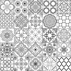 Azulejo tiles seamless vector pattern set - line art traditional design collection inspired by Portuguese and Spanish ornaments in black and white

