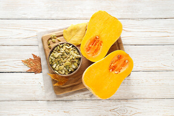Cooking ingredients for fall season - pumpkin seeds, pumpkin