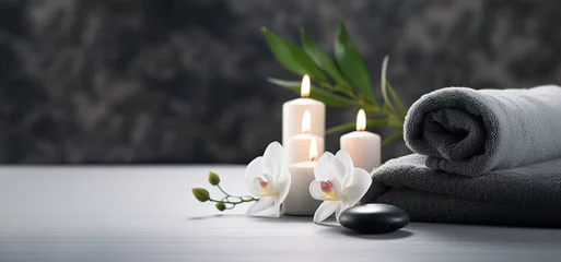 Fotobehang Spa spa treatment background. towels with candles and flowers. banner with copy space