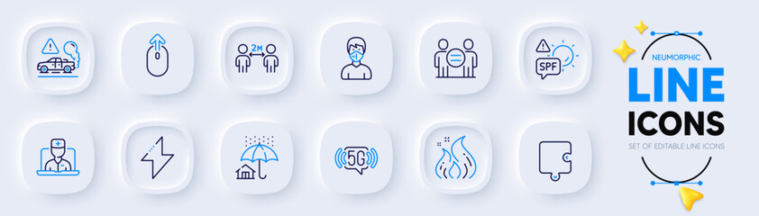 Energy, Telemedicine and Fire energy line icons for web app. Pack of Medical mask, Home insurance, Spf protection pictogram icons. Puzzle, 5g wifi, Ethics signs. Social distancing. Vector