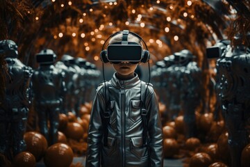 Fototapeta na wymiar Boy wearing virtual reality headset and in halloween costumes. VR goggles. Generative AI