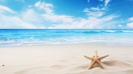 Fototapeta na wymiar Blue sea tropical background with starfish on sand