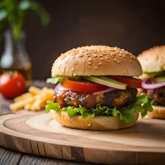 Burger with salad meat and tomato on a neutral background created and generated by AI