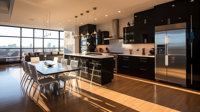 Sophisticated Black Kitchen Design with Central Island - AI Generated
