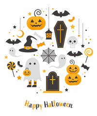 ハロウィンイメージのイラスト素材 ベクター 円形配置 白バック